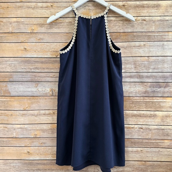 Lilly Pulitzer Pearl Soft Navy Blue Gold Lace Mini Shift Dress Size 00 - Picture 2 of 4